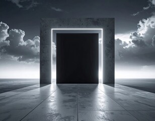 Glowing gate on horizon. Cloudy, surreal, grayscale view