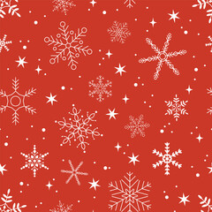 Winter Christmas pattern with white snowflakes on a red background. New Year, winter design
