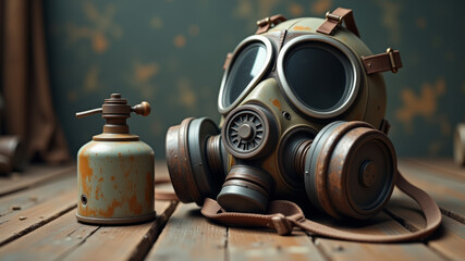 Gas mask and metal canister displayed together on wood as chemical warfare gear