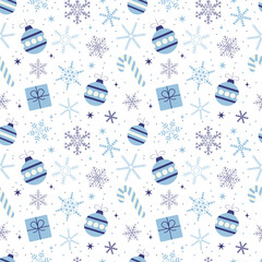 Winter Christmas pattern with snowflakes, Christmas tree balls, caramel, and gifts. New Year's, winter design