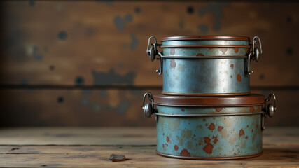Stacked metal military containers with patina texture placed on rustic background