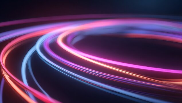 Abstract swirling trails of vibrant neon light streaks across a dark background creating a dynamic visual experience