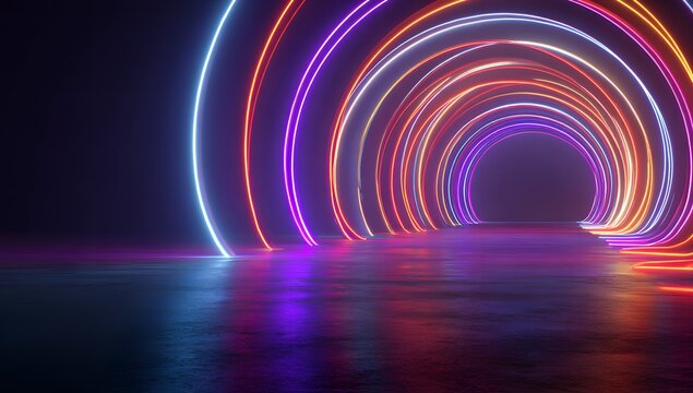Vibrant neon light tunnel with glowing circular rings in a futuristic and abstract digital art display