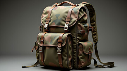 Camouflage military backpack standing upright against gray background for display
