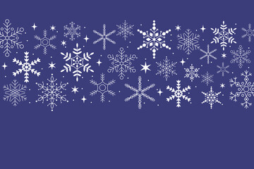 Christmas template with a frame of white snowflakes on a blue background with space for text, winter background