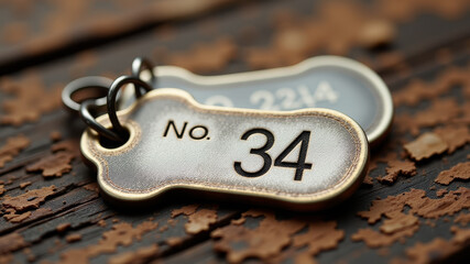 Metal dog tag with number lying on wood symbolizing unknown wartime identity