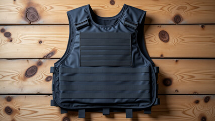 Black tactical bulletproof vest placed on wooden planks for defense preparation