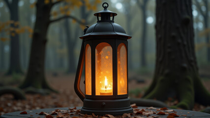 Glowing lantern on forest path during dusk military patrol in silent zone