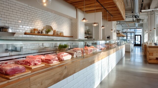 Modern butcher shop interior layout urban environment clean design wide angle view fresh meat display for culinary inspiration