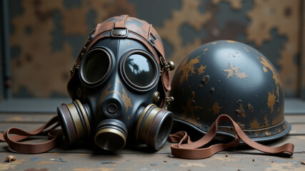 Gas mask and military helmet placed together on battlefield ground for protection display