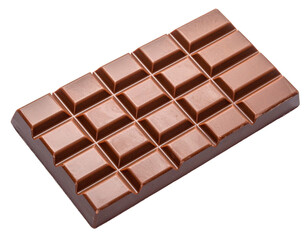 Semi sweet chocolate bar piece isolated on white. Single square segment of dark cocoa.