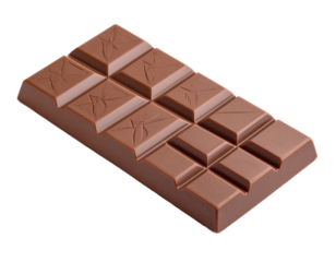 Semi sweet chocolate bar isolated on white. Segmented block of dark cocoa, studio shot.