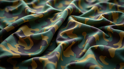 Crinkled camouflage fabric with green brown pattern used in military uniforms
