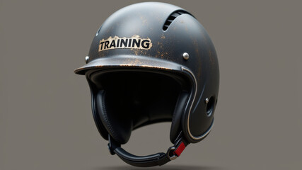 Black training helmet with chin strap isolated on gray background for combat readiness