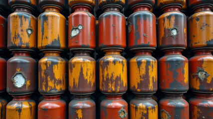 Colorful collection of rusty oil barrels stacked in old military storage zone