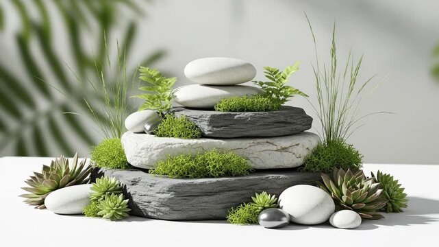 A beautifully composed still life featuring a stack of natural stones, including both textured gray and smooth white rocks, creating a sense of balance and harmony. Vibrant green moss, delicate ferns,