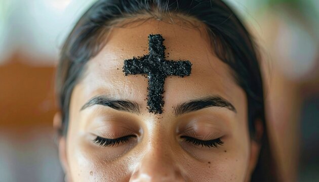 Symbol of a cross made of ashes placed on a woman's forehead during Ash Wednesday celebrations.