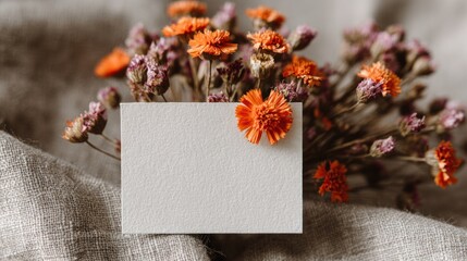 Bright Orange Dried Flower Bouquet with Small Blank Card on Neutral Fabric Background