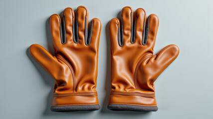 Pair of orange tactical gloves placed on white background prepared for field operation