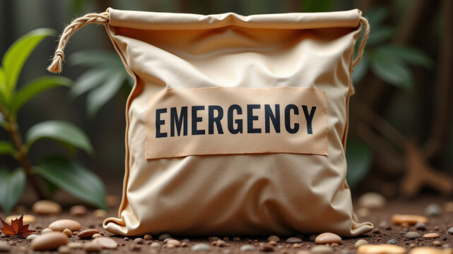 Emergency food ration pack with bold label placed on natural forest background