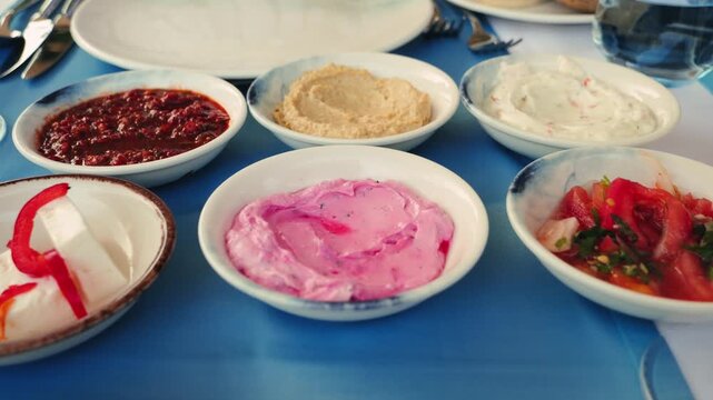 Haydari sauce, hummus, ajili ezme, Turkish Tulum cheese. Appetizers and sauces of traditional Turkish cuisine. High quality 4k footage