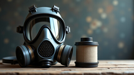 Military gas mask and filter canister placed on wooden surface with blurred background