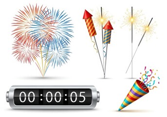 Celebrate new years eve with fireworks countdown and party poppers festive celebration collage