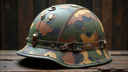 Camouflage painted helmet placed upright on white background for military display