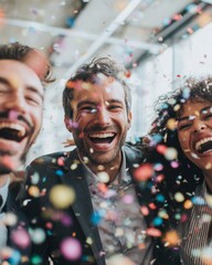 Obraz premium Diverse business team celebrating project success with confetti in a modern office.