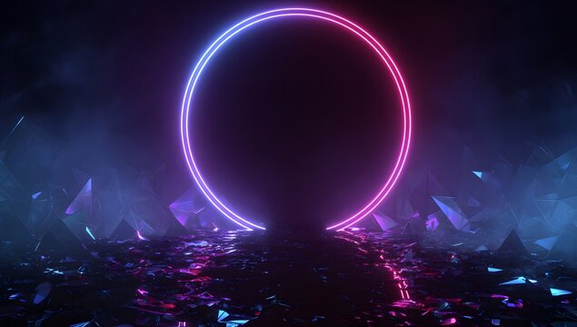 An ethereal glowing oval portal of vibrant neon light hovers above a surreal crystalline landscape bathed in atmospheric blue and pink hues - Powered by Adobe