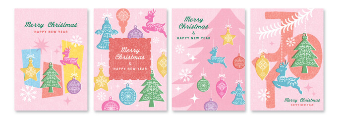Fototapeta premium Christmas and New Year greeting card set with hand painted cute woodblock style Christmas ornaments. Vector file. Retro Christmas illustrations for banner, poster, web and social media.