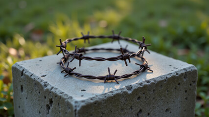 Barbed wire ring placed on concrete block representing war barrier and resistance