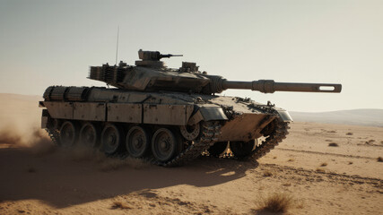 Modern tank advancing through sandy terrain in desert battlefield operation