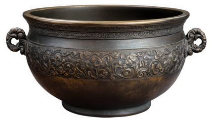 A detailed view of an antique metal bowl with handles and intricate floral scrollwork design elements on transparent background