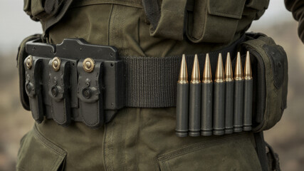 Bullet belt wrapped around soldier waist for rapid combat reload