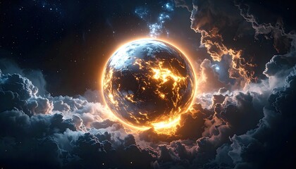 Obraz premium Glowing planet amidst dark clouds and starry sky