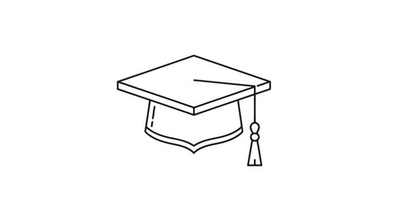 Vector illustration of a simple black and white line drawing of a graduation cap with a tassel, isolated on a
