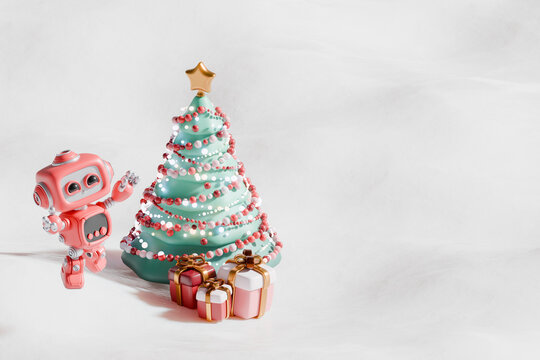 3d robot with decorated Christmas tree and gifts in festive scene