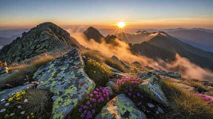 A breathtaking panoramic view captures a majestic mountain range illuminated by the warm, golden glow of either sunrise or sunset. The radiant sun, appearing as a prominent starburst, casts dramatic l - Powered by Adobe