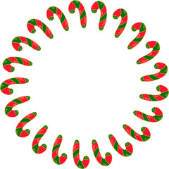 Christmas wreath with candy canes, decorative border doodle style isolated on white background