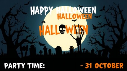 Spooky halloween night with full moon and skeleton hand emerging from graveyard