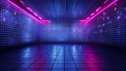 Immersive futuristic digital environment with glowing neon lights and reflective surfaces creating an abstract sci fi ambiance