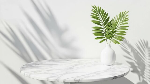 A bright and serene minimalist scene featuring a stylish round white marble tabletop against a clean white wall. A sleek white vase elegantly holds vibrant green tropical leaves, casting beautiful, dy