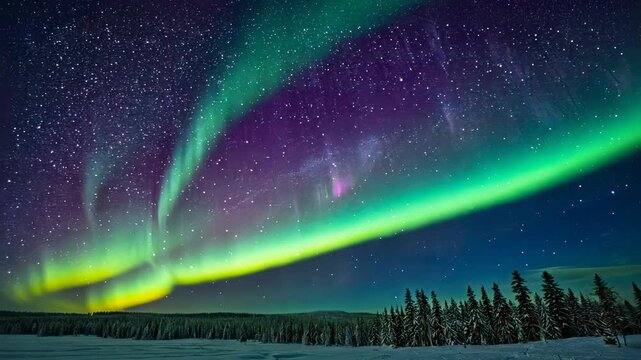 Vibrant Northern Lights Dance Across a Starry Winter Sky over Snowy Forest