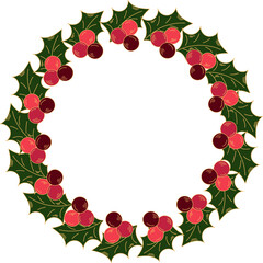 Christmas holly wreath with berries, decorative border doodle style isolated on white background