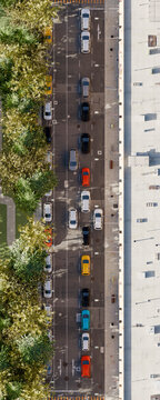 3d aerial view of city street traffic and parked cars with nobody