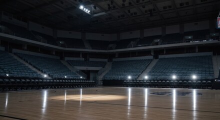 Empty stadium with wooden floor, seating rows and bright lights above