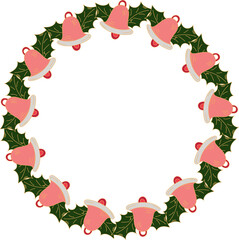 Christmas wreath with bells and holly leaves, decorative border doodle style isolated on white background