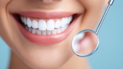 Fototapeta premium A close-up view shows a smile with bright white teeth, showcasing their health and shine. A dental mirror captures the details, highlighting the importance of oral care