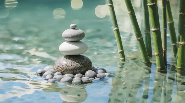 Zen Harmony - Balanced Stones and Bamboo in Serene Water.